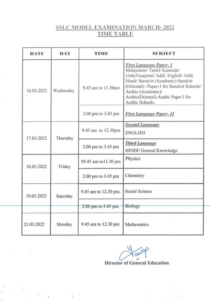 SSLC MODEL EXAM TIME TABLE - School Pathram